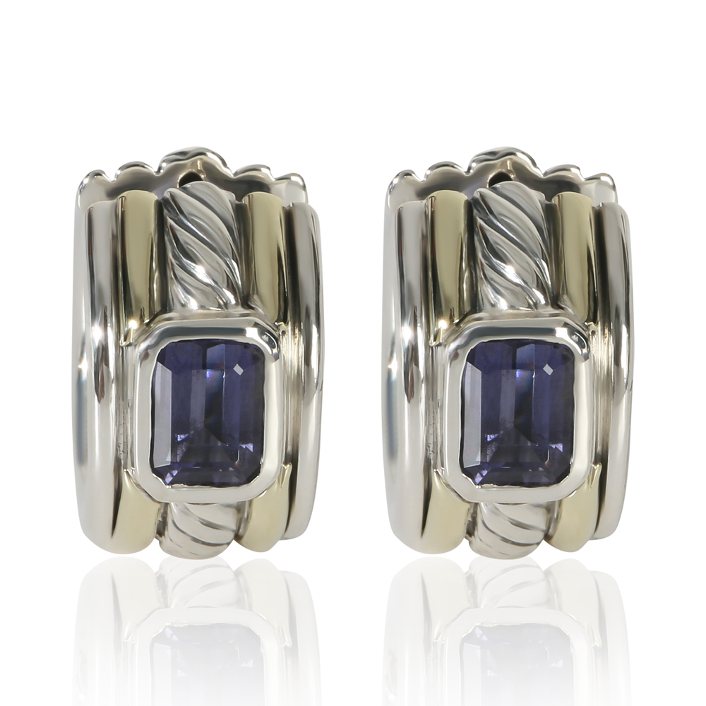 David Yurman Yellow Gold & Sterling Silver Iolite Cable Huggie Earrings